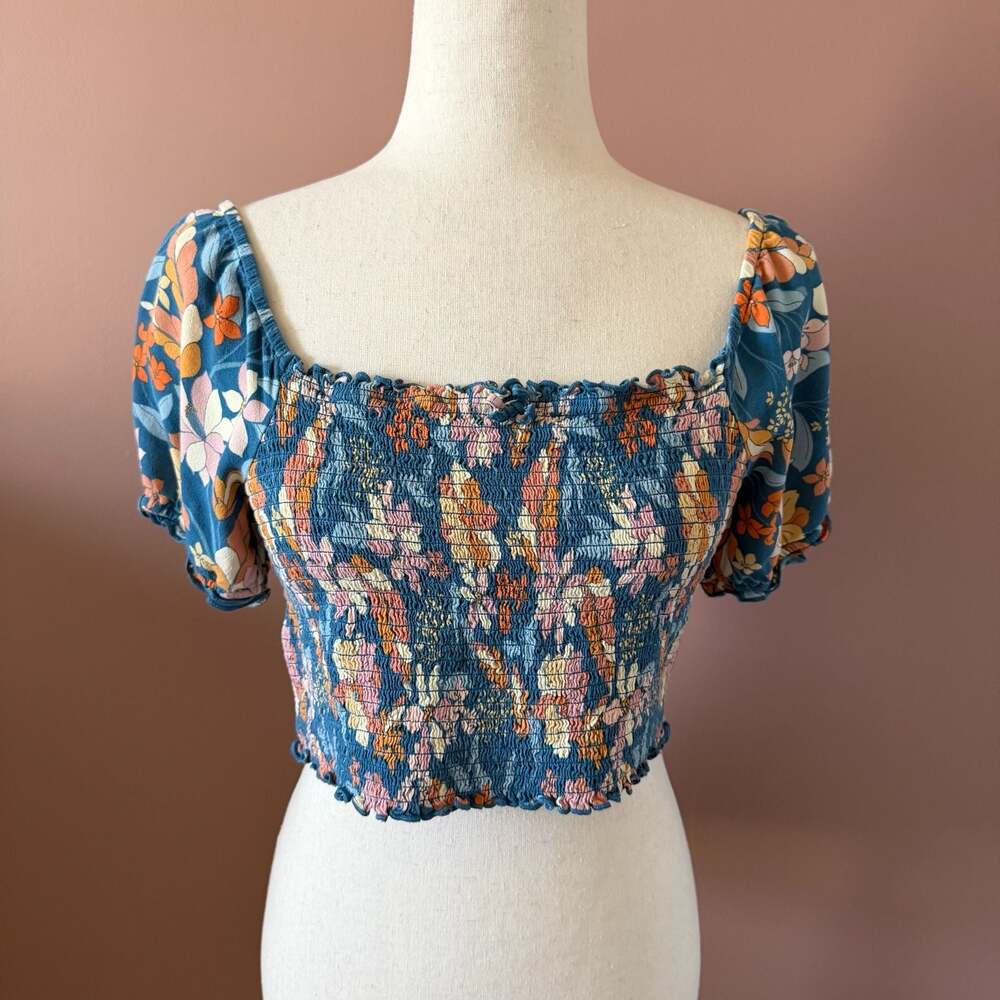 aerie Blue Floral Smocked Crop Top